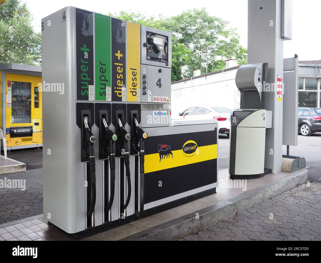 Cremona, Italy July 3 20223 Self service modern fuel pump at Eni Agip
