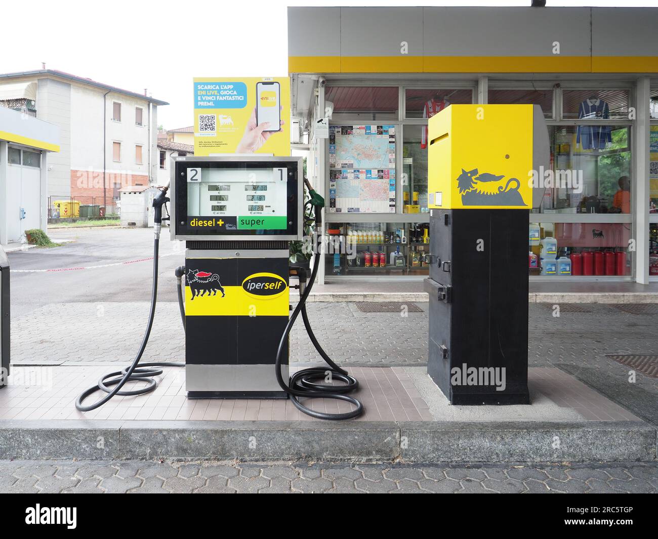 Cremona, Italy July 3 20223 Self service modern fuel pump at Eni Agip