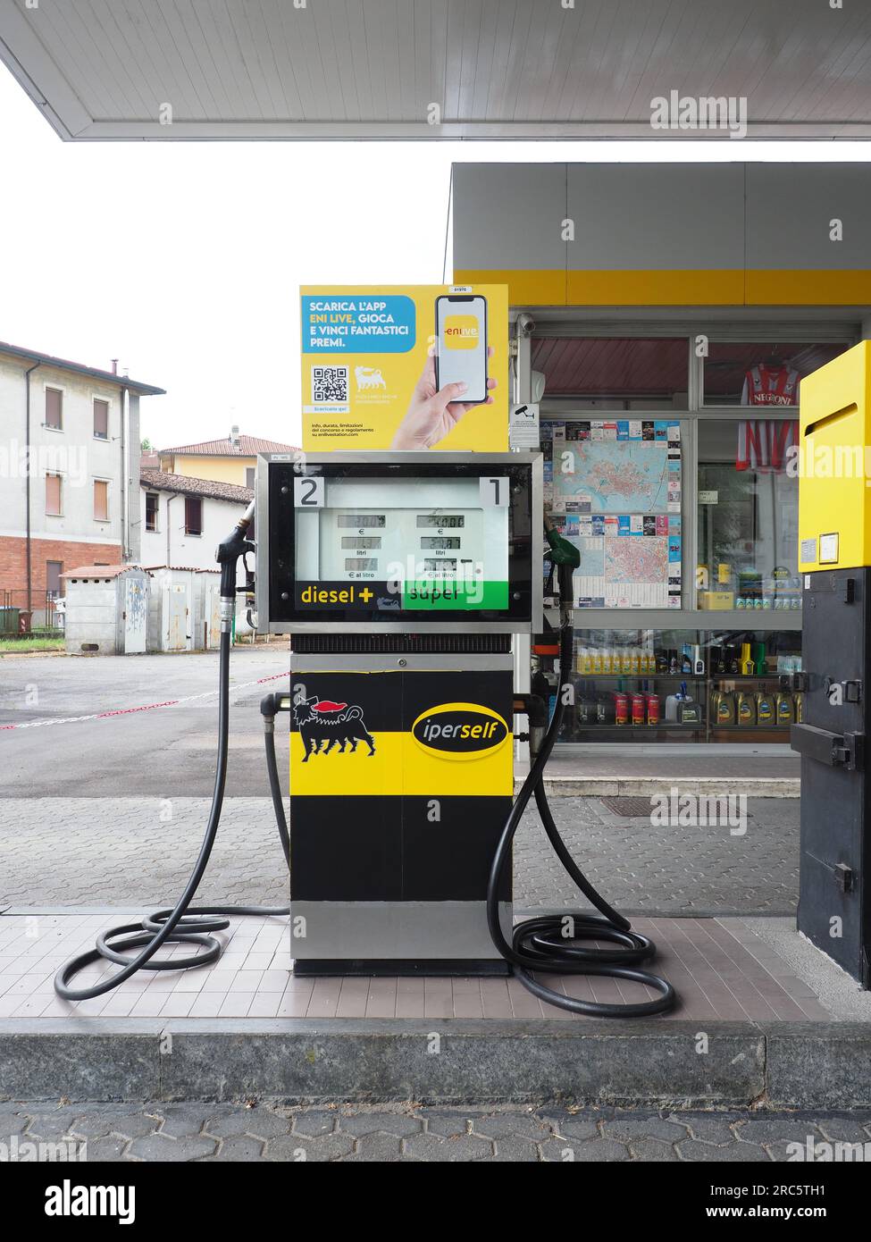 Cremona, Italy July 3 20223 Self service modern fuel pump at Eni Agip