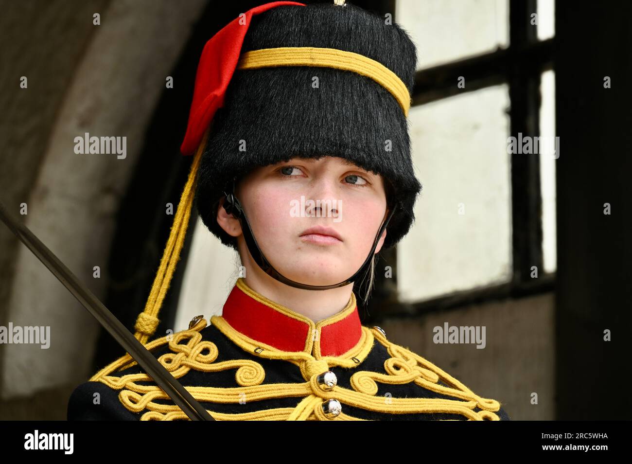 Female Soldier, The King's Troop, Royal Horse Artillery, Horse Guards Parade, Whitehall, London, UK Stock Photo