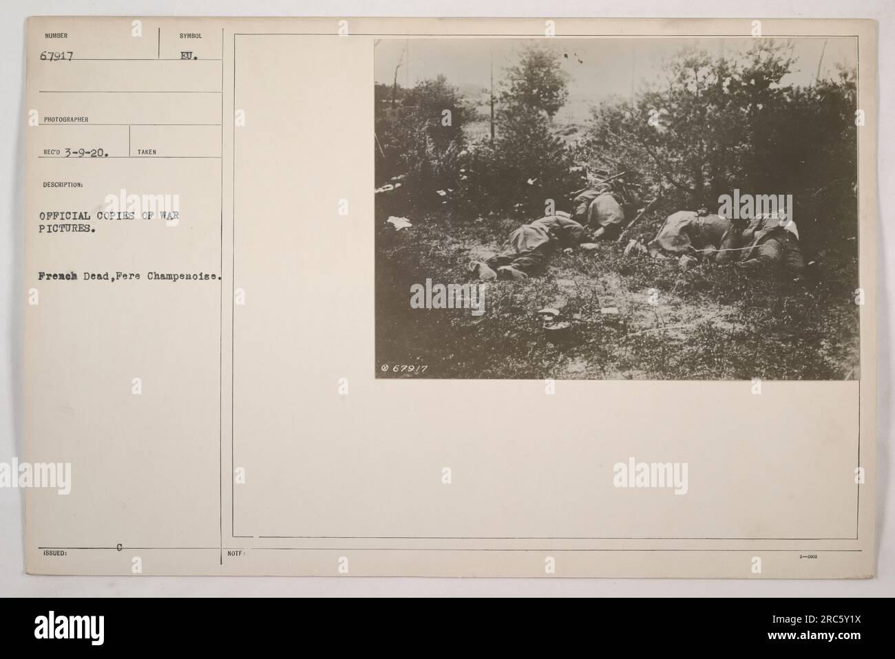 This photograph, numbered 67917, was taken by a Canadian photographer in Fere Champenoise during World War I. The image depicts French soldiers who were killed in action. It is an official copy of a war picture, with the official symbol of the European Union. The photograph was issued with the description 'French Dead, Fere Champenoise.' Stock Photo