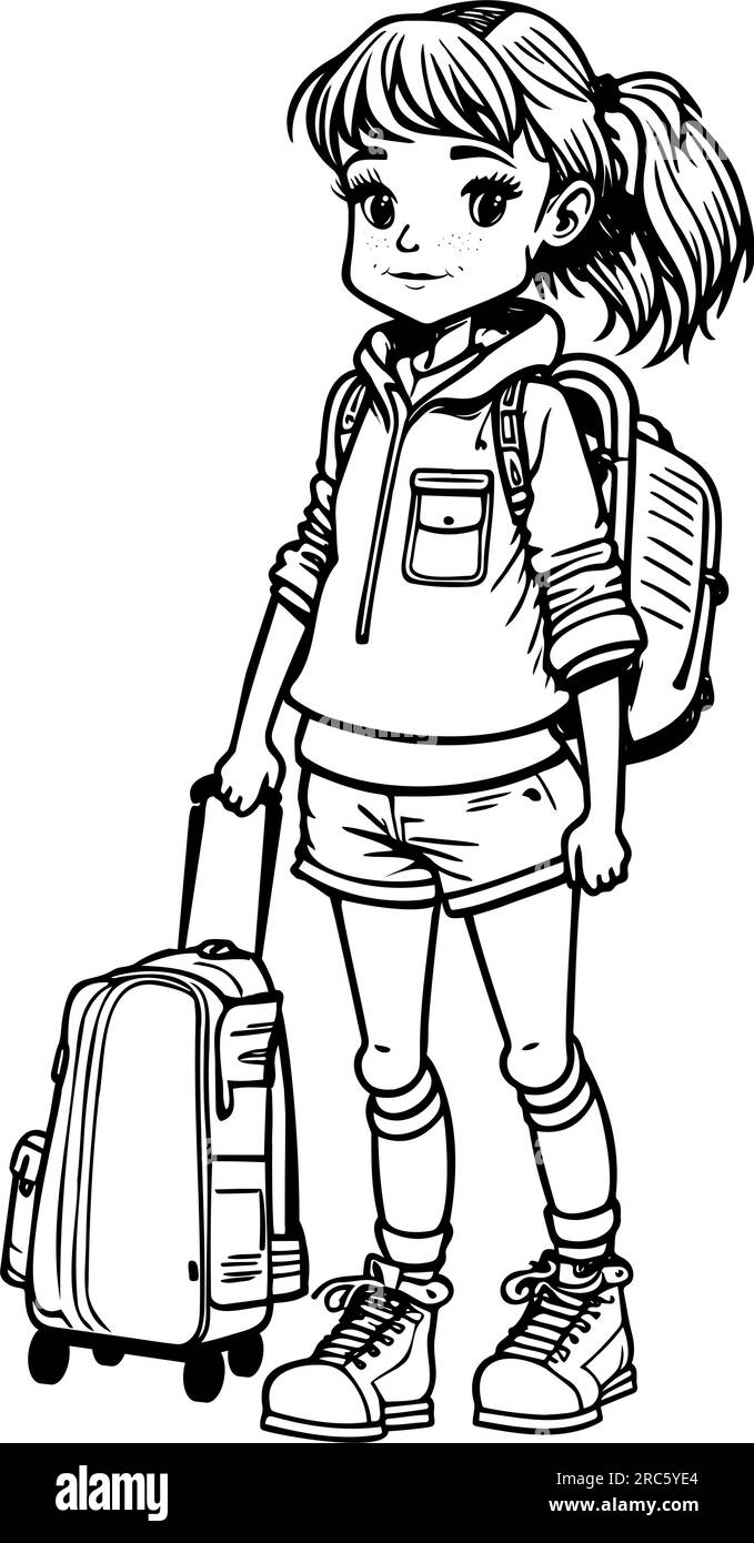 Happy Girl traveler Carrying a suitcase and Backpack coloring page. Vector illustration Stock Vector