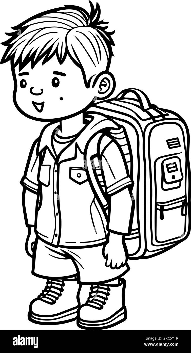 Cute boy with backpack coloring page. Back to school concept. Vector illustration Stock Vector