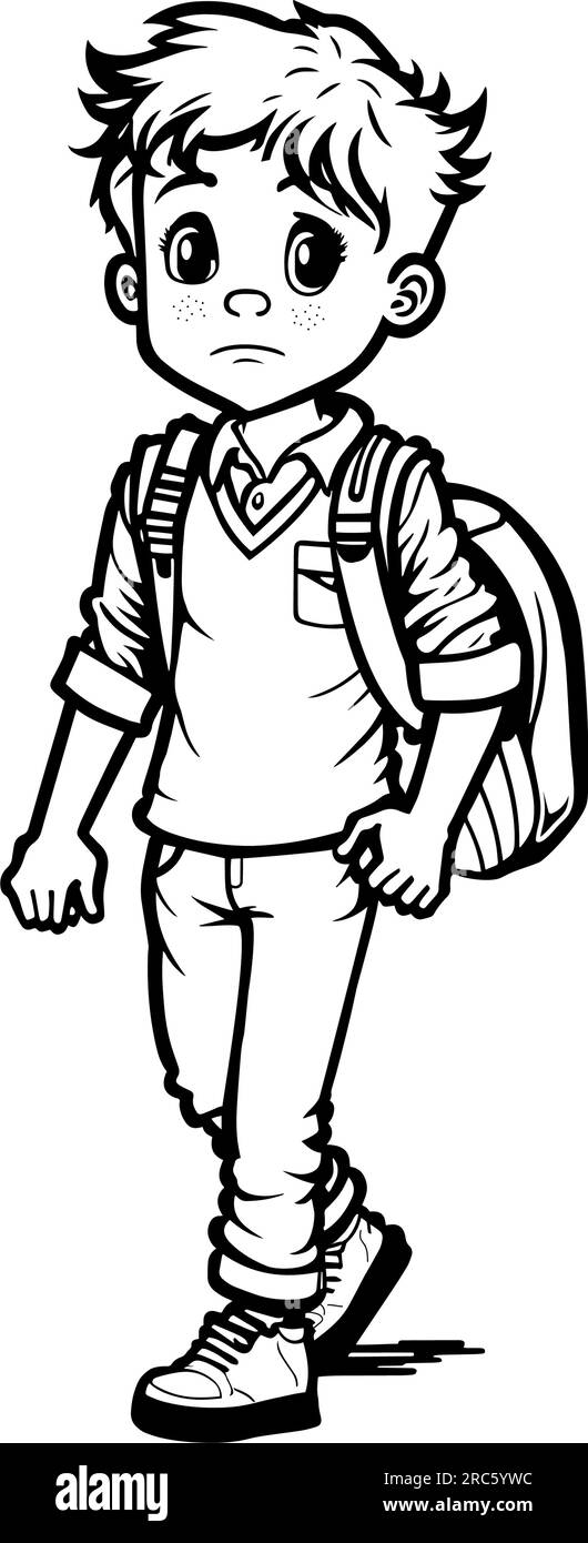 Sad Boy with backpack coloring page. Back to school concept. Vector illustration Stock Vector