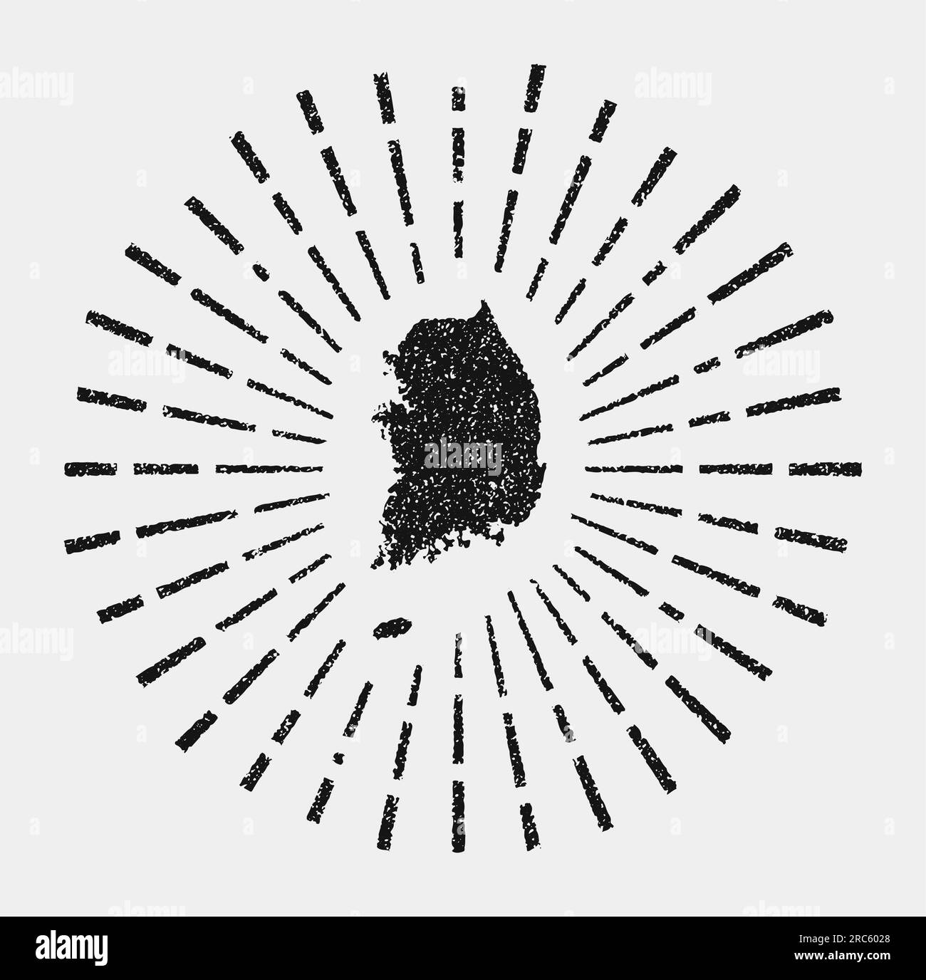 Vintage map of South Korea. Grunge sunburst around the country. Black South Korea shape with sun