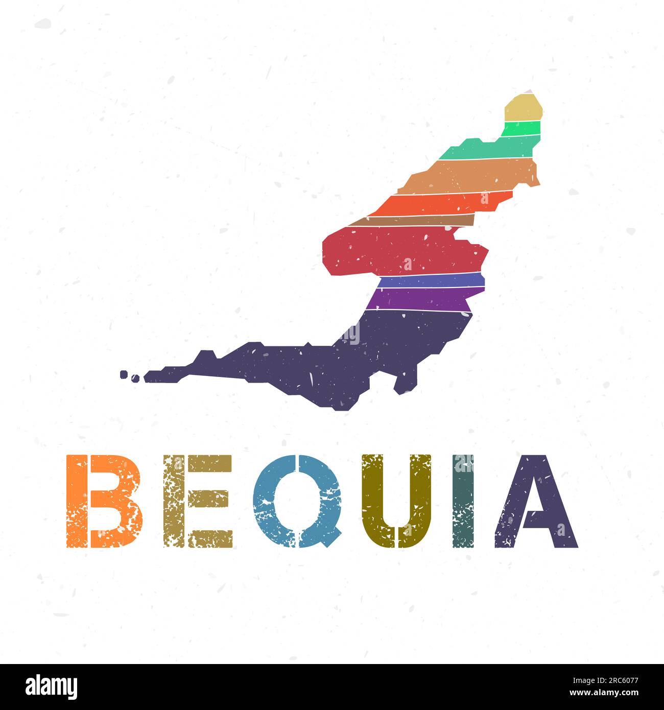 Bequia map design. Shape of the island with beautiful geometric waves and grunge texture. Powerful vector illustration. Stock Vector