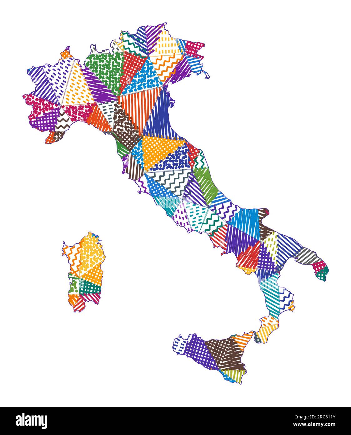 Kid style map of Italy. Hand drawn polygons in the shape of Italy. Vector illustration Stock