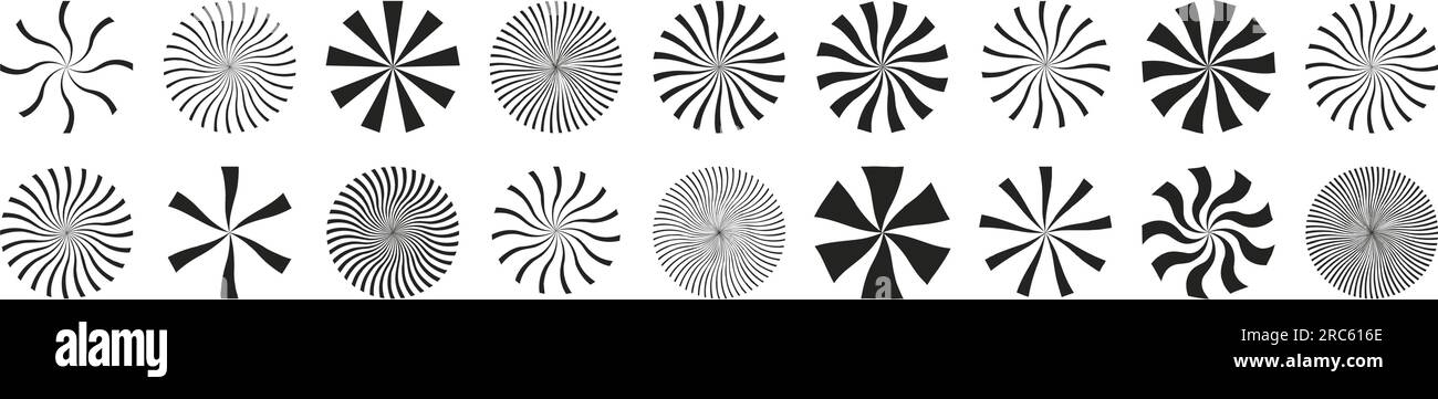 Circular bursts, beams, and rays. Monochrome graphics, optical patterns, and glowing black elements. Vector isolated illustration. Stock Vector