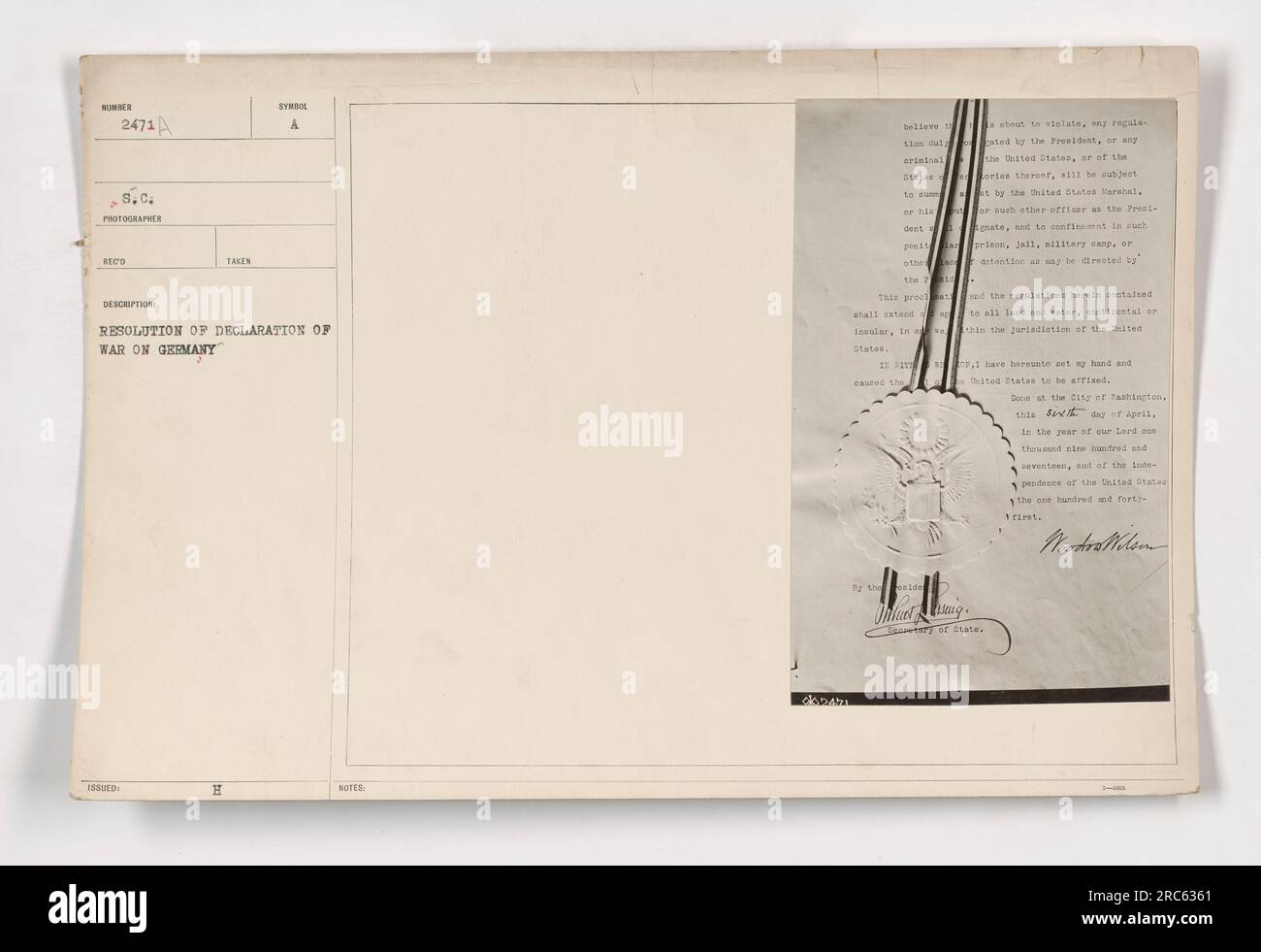 Resolution of Declaration of War on Germany, signed by President ...