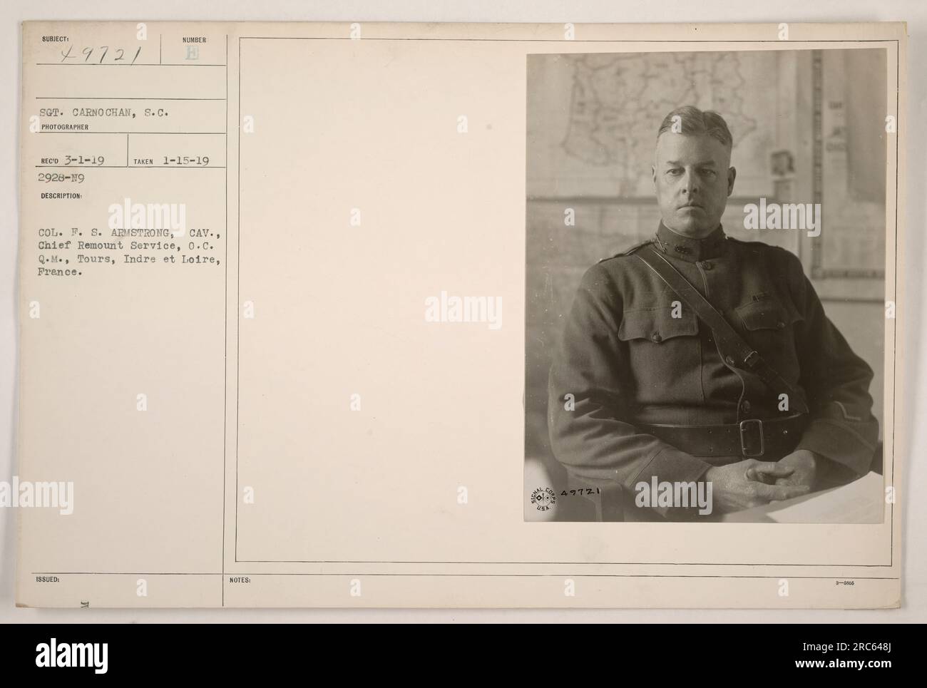 Col. F.S. Armstrong, pictured here, was the Chief of the Remount Service for the Cavalry branch of the U.S. Military in Tours, Indre et Loire, France. The photograph was taken on January 15, 1919, and is labeled as Subject 49721. It was captured by Sgt. Carno Chan of the Signal Corps. Stock Photo