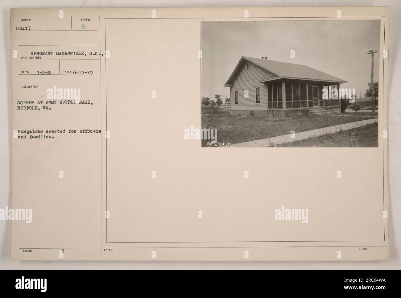 Bungalows erected for officers and families at Army Supply Base in Norfolk, VA. Photograph taken by Sergeant McGarrigle and assigned the identifier number 58417. This photograph is a part of the series documenting American military activities during World War One. Photographer's symbol issued on 6-17-19. C Notes: DR58414. Stock Photo