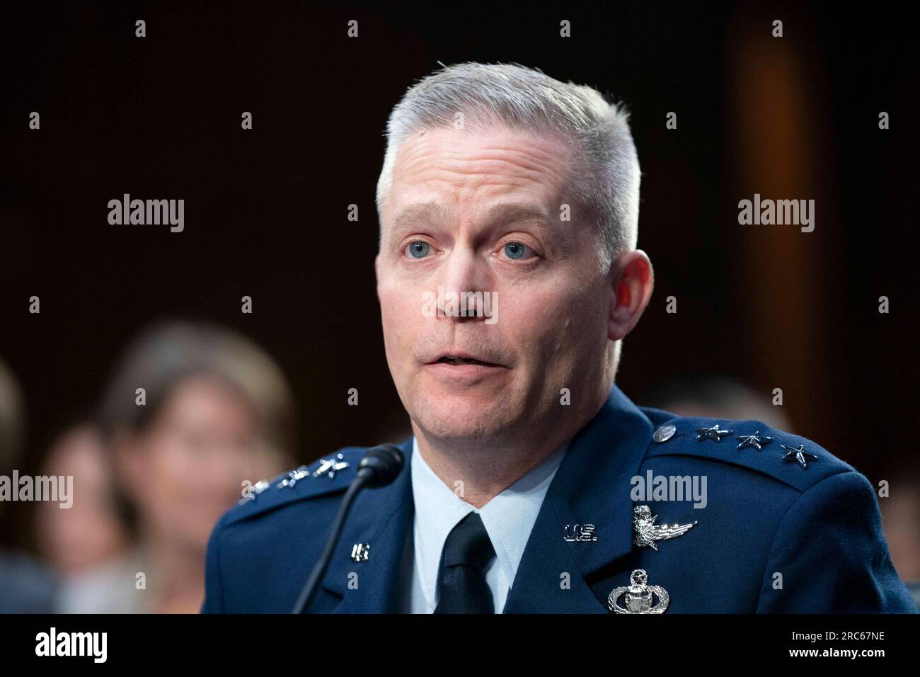 Washington, United States. 12th July, 2023. Air Force Lt. Gen. Timothy Haugh testifies during a Senate Select Intelligence Committee hearing on his nomination to be director of the National Security Agency at the U.S. Capitol in Washington, DC on Wednesday, July 12, 2023. Photo by Bonnie Cash/UPI. Credit: UPI/Alamy Live News Stock Photo