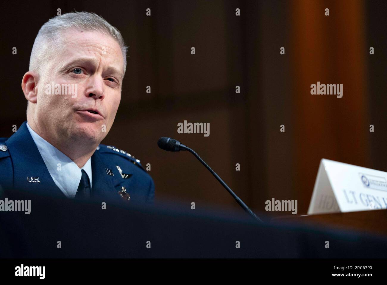 Washington, United States. 12th July, 2023. Air Force Lt. Gen. Timothy Haugh testifies during a Senate Select Intelligence Committee hearing on his nomination to be director of the National Security Agency at the U.S. Capitol in Washington, DC on Wednesday, July 12, 2023. Photo by Bonnie Cash/UPI. Credit: UPI/Alamy Live News Stock Photo