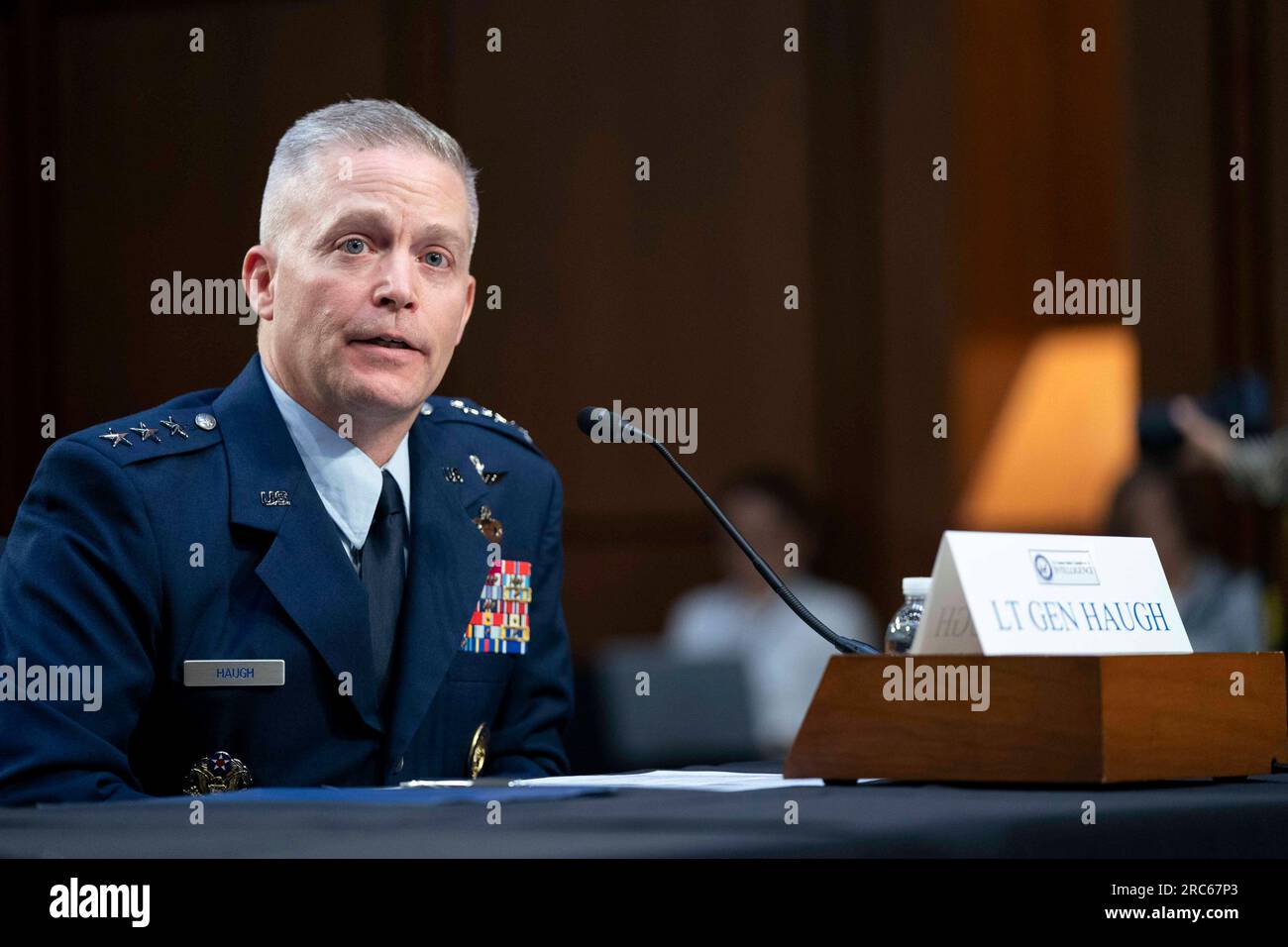Washington, United States. 12th July, 2023. Air Force Lt. Gen. Timothy Haugh testifies during a Senate Select Intelligence Committee hearing on his nomination to be director of the National Security Agency at the U.S. Capitol in Washington, DC on Wednesday, July 12, 2023. Photo by Bonnie Cash/UPI. Credit: UPI/Alamy Live News Stock Photo