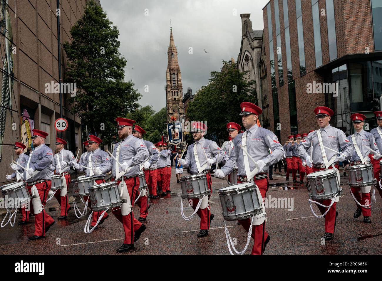 Belfast, UK. 12th July, 2023. Protestants march while playing drums during The Twelfth celebrations. (Photo by Natalia Campos/SOPA Images/Sipa USA) Credit: Sipa USA/Alamy Live News Stock Photo