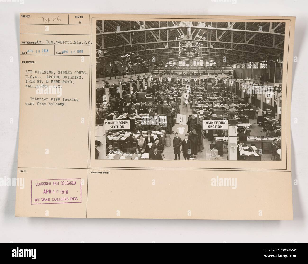 Interior view of the Arcade Building in Washington, D.C. taken by Lt. E.M.deBerri of the Signal Corps. The photograph shows an eastward view from the balcony. The image was censored and released on April 16, 1918 by the War College Division. The building housed the Air Division, Signal Corps, U.S.A. Stock Photo
