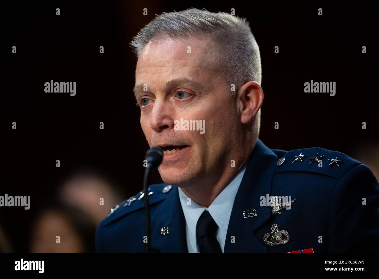 Washington, USA. 12th July, 2023. Air Force Lt. Gen. Timothy Haugh, President Biden's nominee to be Director of the National Security Agency, testifies during a Senate Select Committee on Intelligence confirmation hearing, at the U.S. Capitol, in Washington, DC, on Wednesday, July 12, 2023. (Graeme Sloan/Sipa USA) Credit: Sipa USA/Alamy Live News Stock Photo