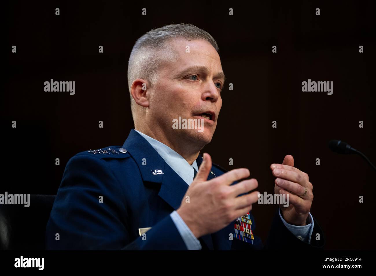 Washington, USA. 12th July, 2023. Air Force Lt. Gen. Timothy Haugh, President Biden's nominee to be Director of the National Security Agency, testifies during a Senate Select Committee on Intelligence confirmation hearing, at the U.S. Capitol, in Washington, DC, on Wednesday, July 12, 2023. (Graeme Sloan/Sipa USA) Credit: Sipa USA/Alamy Live News Stock Photo
