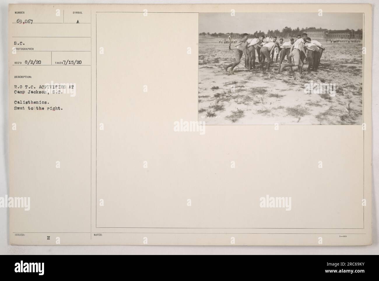 Image depicting ROTC activities at Camp Jackson, South Carolina. Soldiers engaging in calisthenics exercise. Photo taken on July 15, 1920. Photographer: S.C. Symbol issued: H A. Source: Photographs of American Military Activities during World War I. Stock Photo