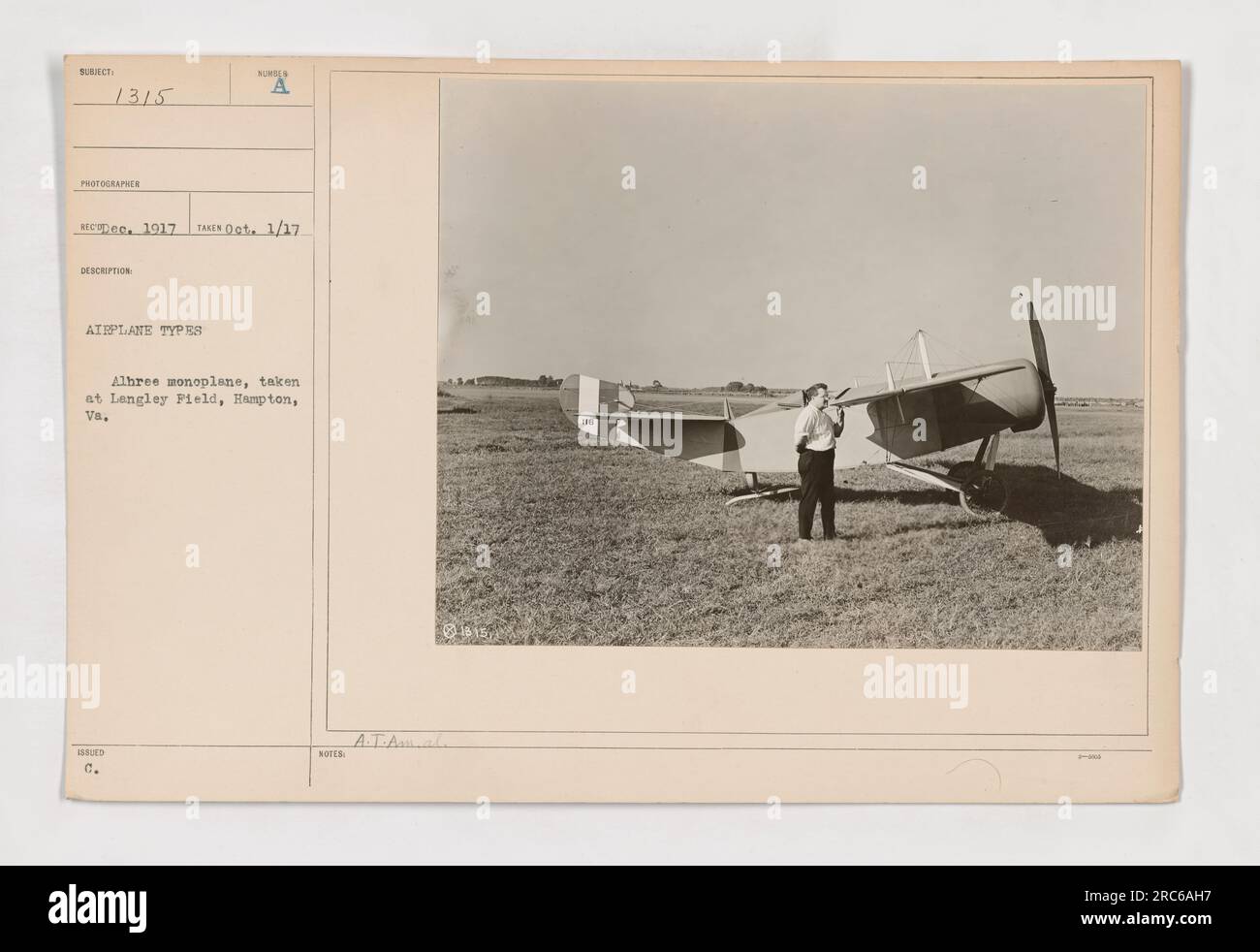 '111-SC-1315: Albree monoplane at Langley Field, Hampton, VA. Photograph taken on October 1, 1917. The image showcases C. A Albree's monoplane. (Submitted by A.T.A.)' Stock Photo