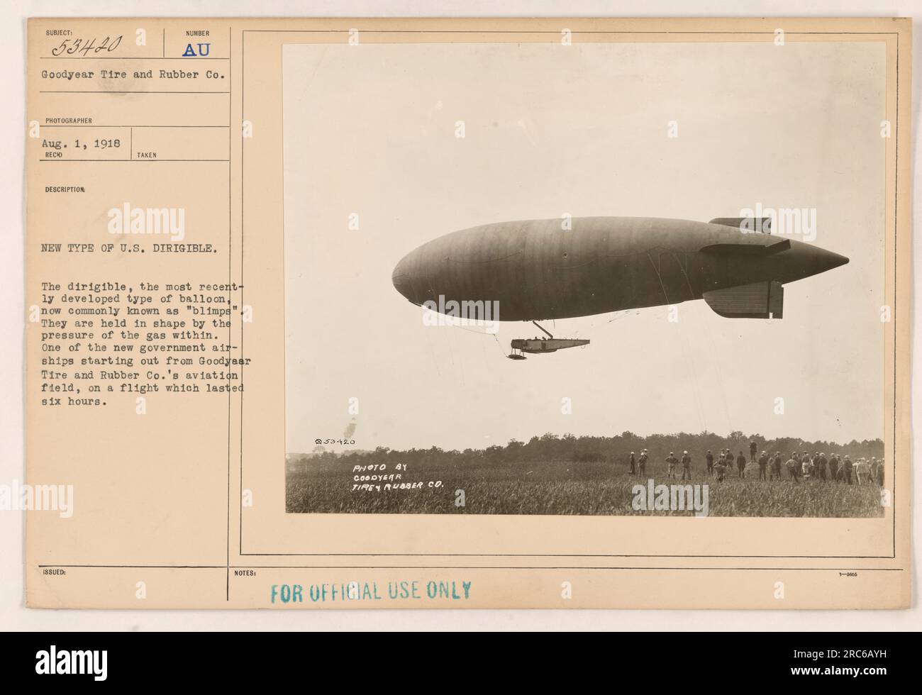 A new type of U.S. dirigible known as 'blimps', at Goodyear Tire and Rubber Co.'s aviation field. These airships are held in shape by the gas pressure within, allowing for flights lasting up to six hours. Photograph taken by Goodyear Tires Rubber Co. on August 1, 1918. Stock Photo
