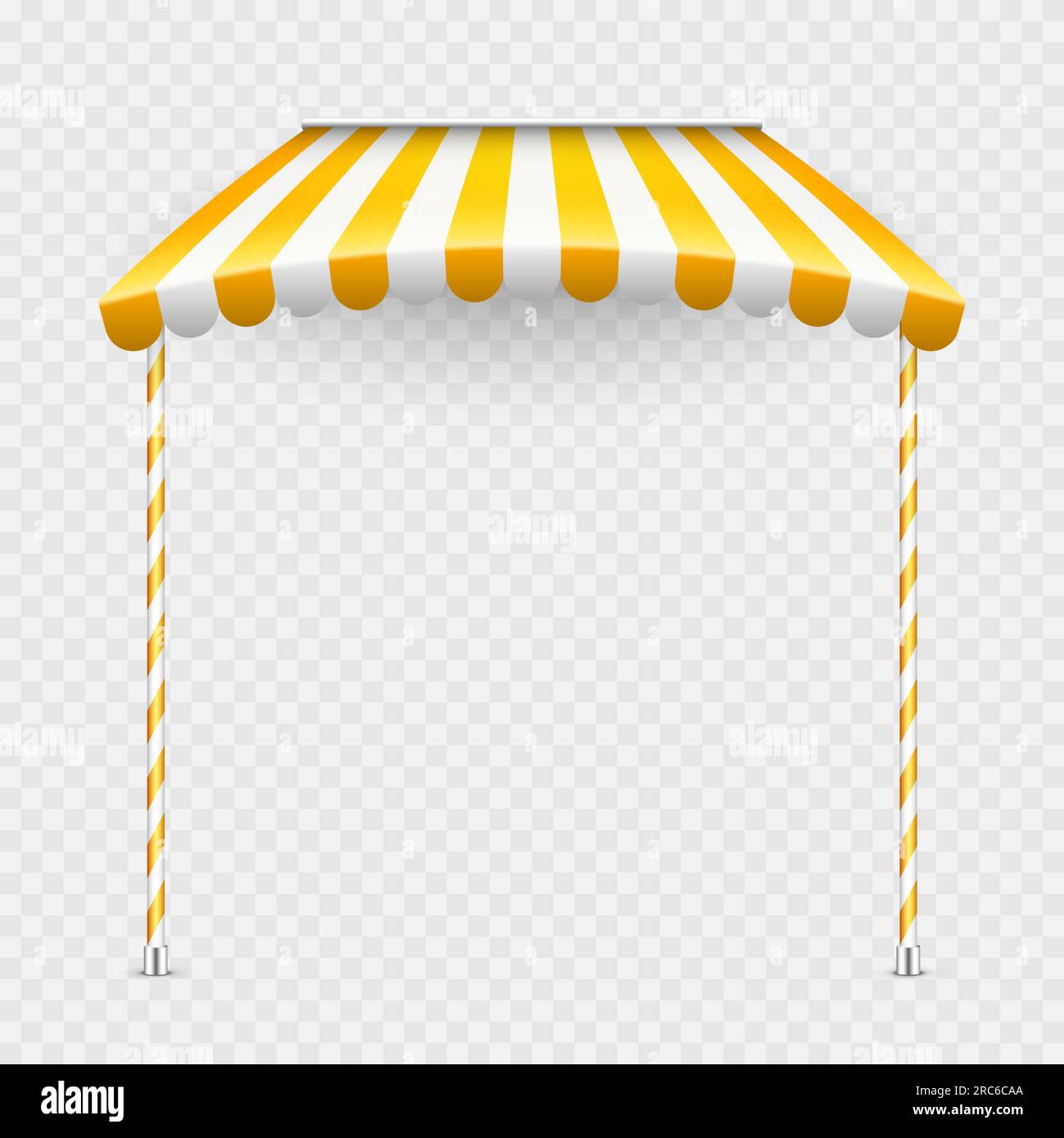 Yellow shop sunshade with stand holders. Realistic striped cafe awning ...