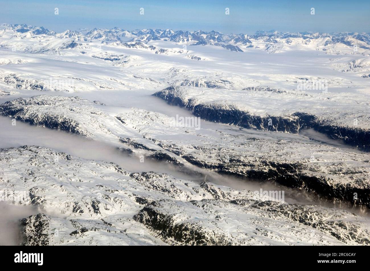 Aerial view of icy hills in Greenland outside Kangerussuaq airport. Stock Photo