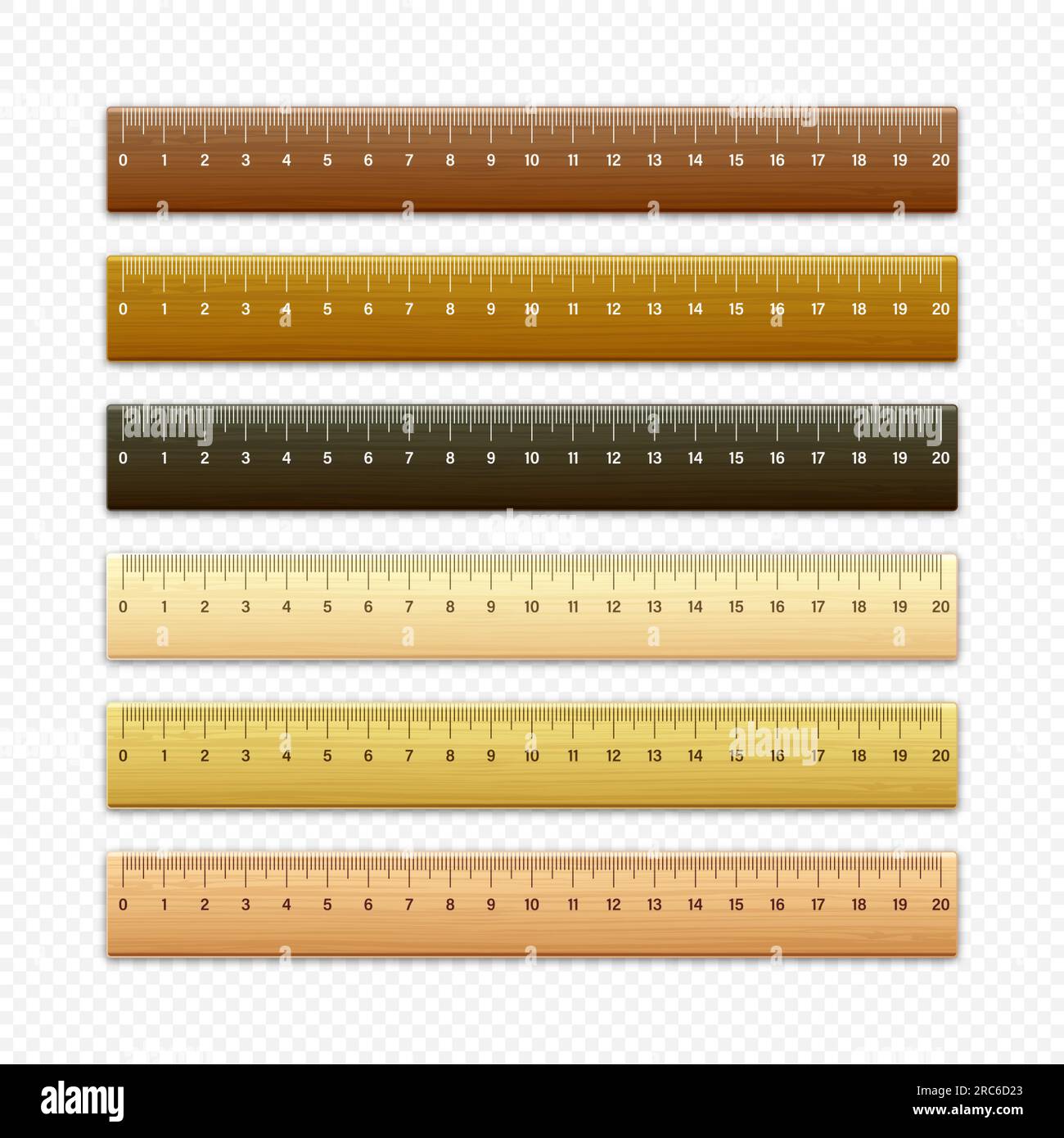 Realistic various wooden rulers with measurement scale and divisions