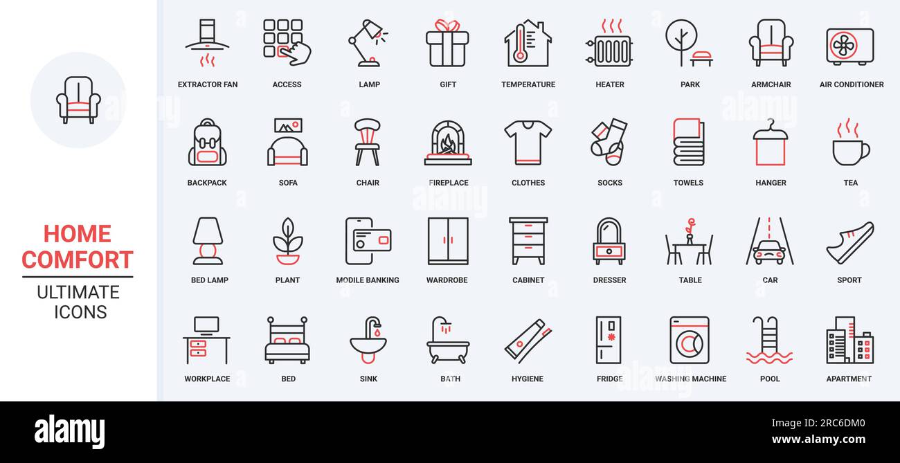 Furniture and equipment, home elements red black thin line icons set ...