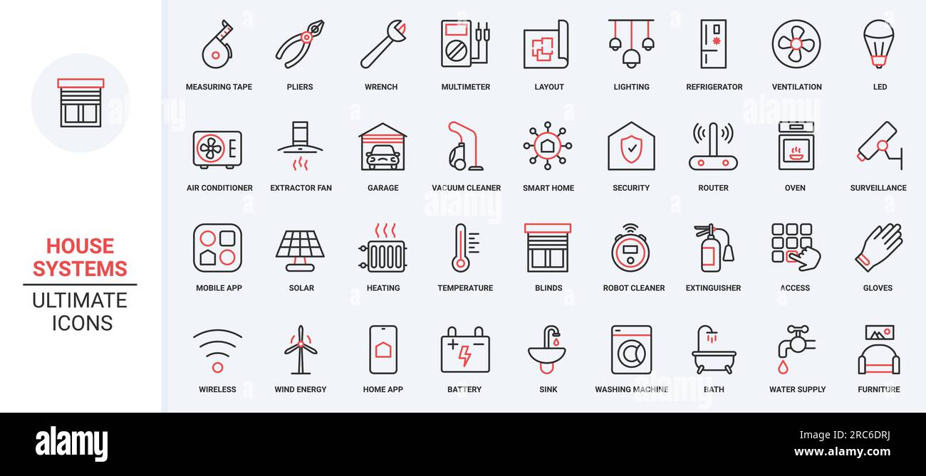 Remote surveillance air conditioner, electrical appliances and device to control energy, temperature lighting, refrigerator. Smart home systems trendy red black thin line icons set vector illustration Stock Vector