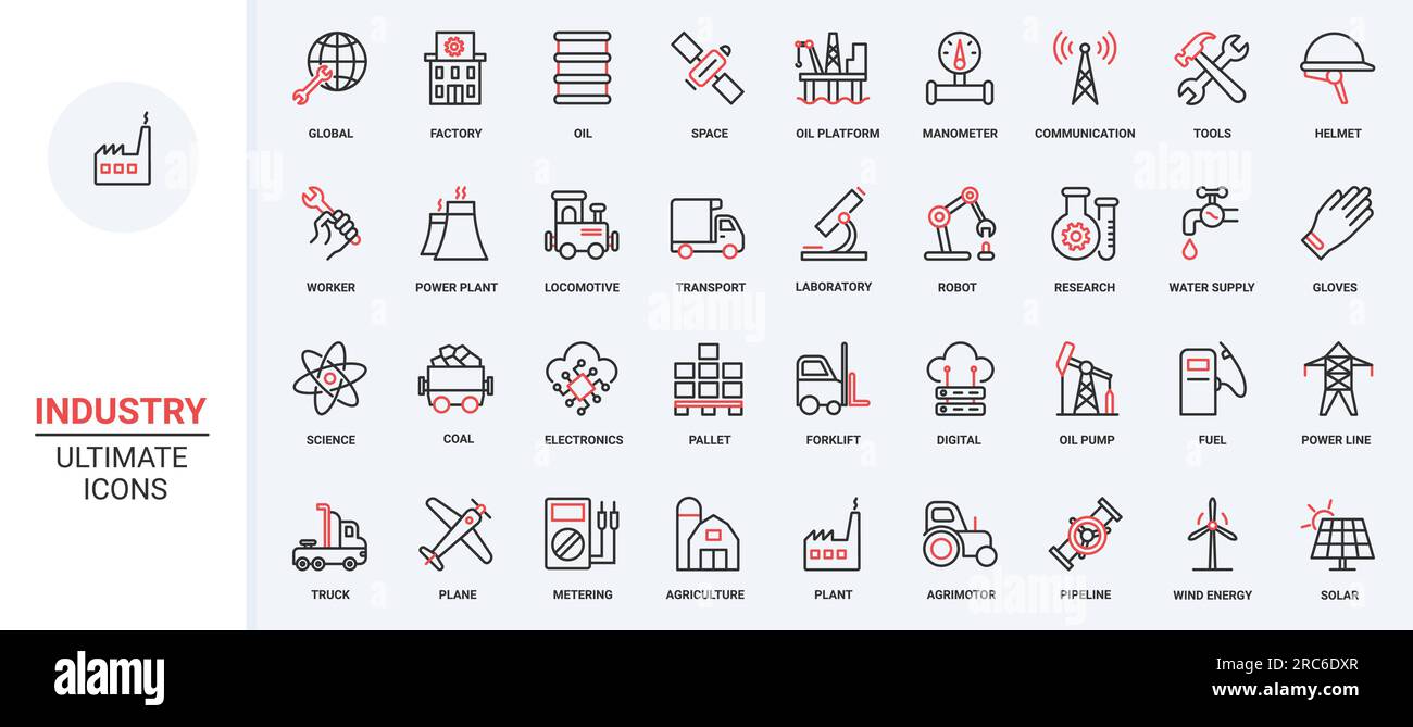 Gas and oil, energy and power production, resources, factory buildings orkers, pipeline manufacturing enterprise, robot equipment. Industry trendy red black thin line icons set vector illustration. Stock Vector