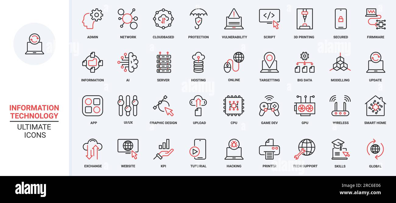 Internet network system computer database symbols, big data analysis protection, exchange download, support center. Information technology trendy red black thin line icons set vector illustration. Stock Vector