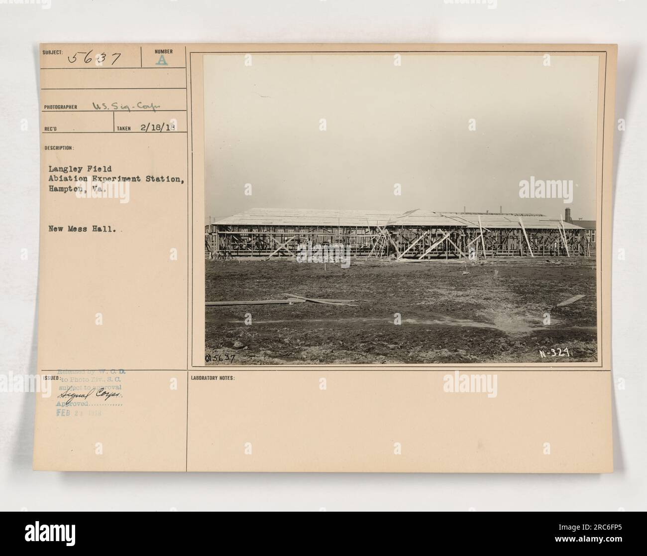 This photograph shows the new mess hall at Langley Field Aviation Experiment Station in Hampton, Virginia. It was taken on February 18, 1918. The photograph was issued to the Photo Division of the 8th Army Air Support for approval on February 26, 1918. No additional laboratory notes are available. Stock Photo