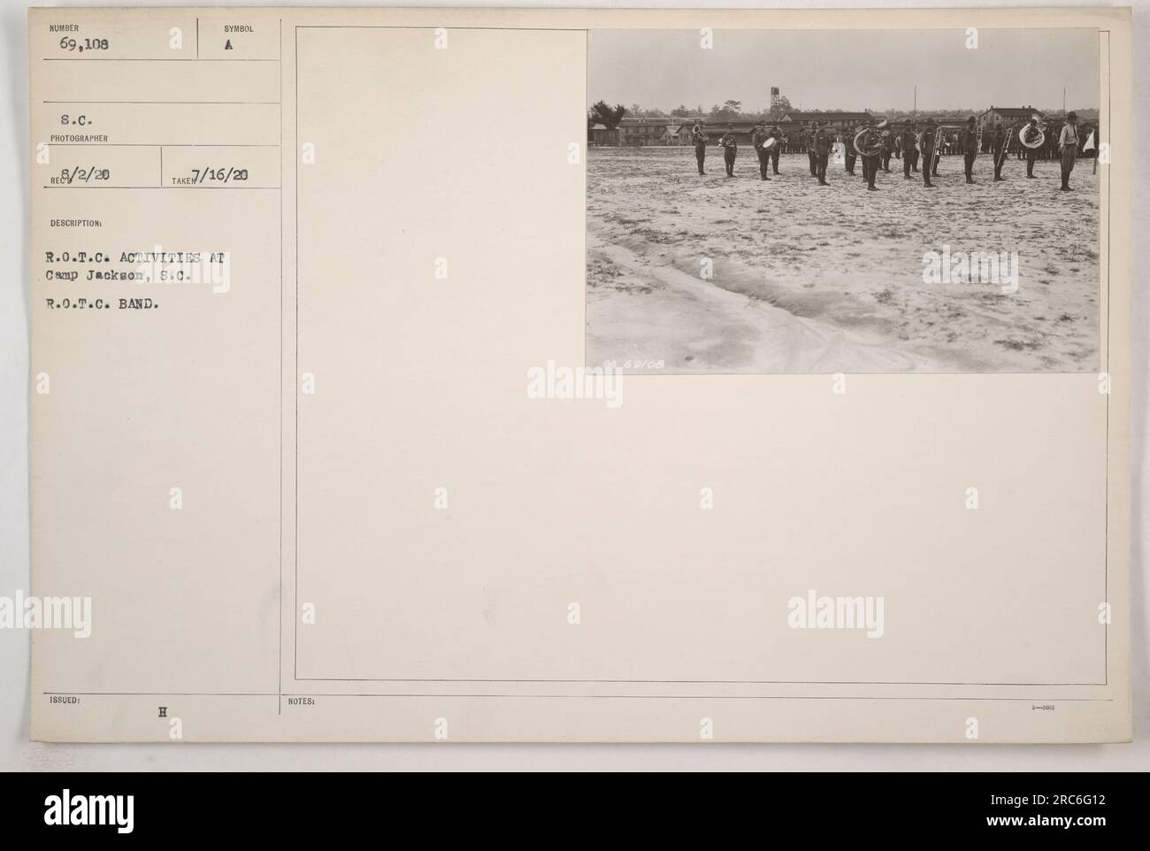 ROTC band performs at Camp Jackson, South Carolina. The band is identified as Sumber 69,108 from South Carolina. This photograph was taken on July 16, 1920, by a photographer identified as RE/2/20. Stock Photo