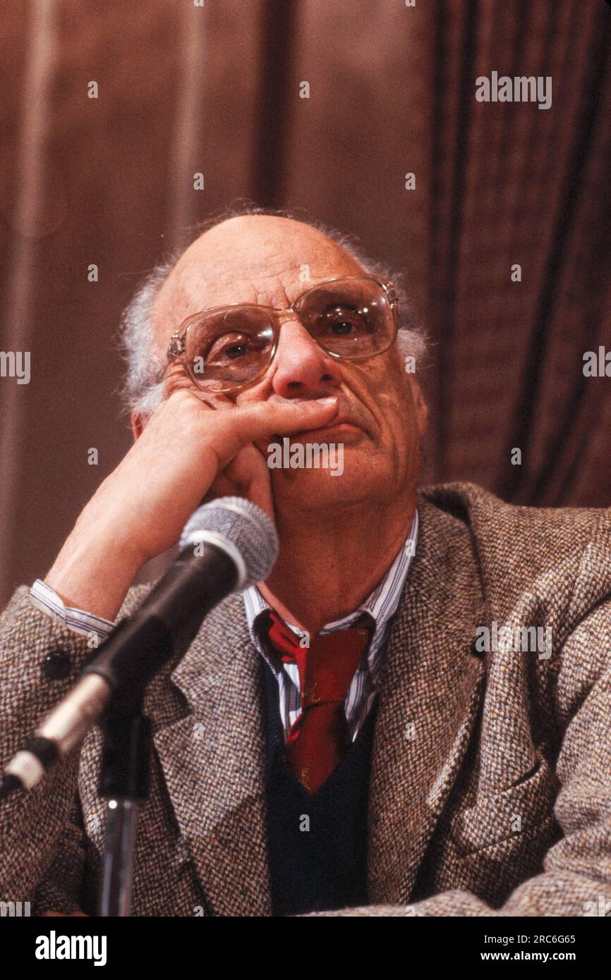 Playwright Arthur Miller, 1986. Arthur Asher Miller (October 17, 1915 – February 10, 2005) was an American playwright, essayist and screenwriter in the 20th-century American theater. Among his most popular plays are All My Sons (1947), Death of a Salesman (1949), The Crucible (1953), and A View from the Bridge (1955). He wrote several screenplays and was most noted for his work on The Misfits (1961). The drama Death of a Salesman is considered one of the best American plays of the 20th century. Photograph by Bernard Gotfryd Stock Photo