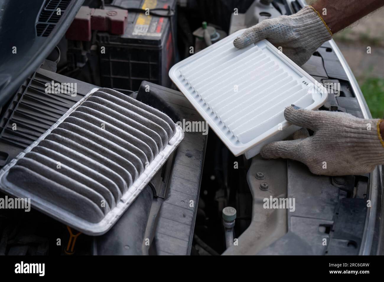 The master changes the air filter in the car engine Stock Photo Alamy