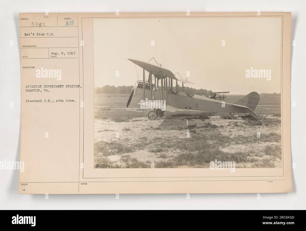 J.R. side view of the Standard J.R. aircraft at Hampton's Aviation Experiment Station. Photograph taken on August 1, 1917, with identifier 111-SC-3356. This image was received from the commanding officer and matches the photographer's description. It was subsequently issued with the identification number AU Aug. 8, 1917. Additional notes include H/79 03356. Stock Photo
