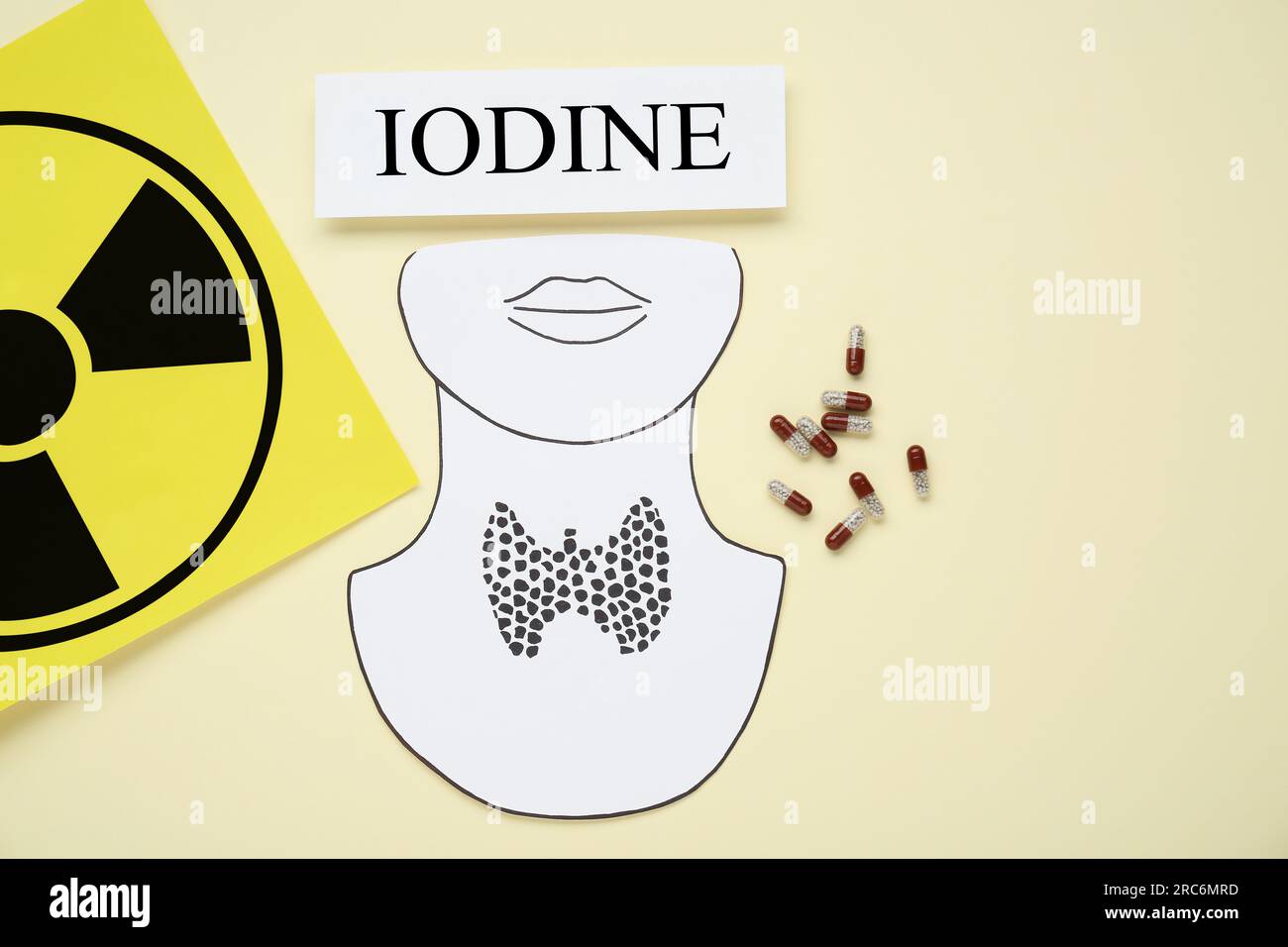 Paper note with word Iodine, radiation sign, cutout of thyroid gland