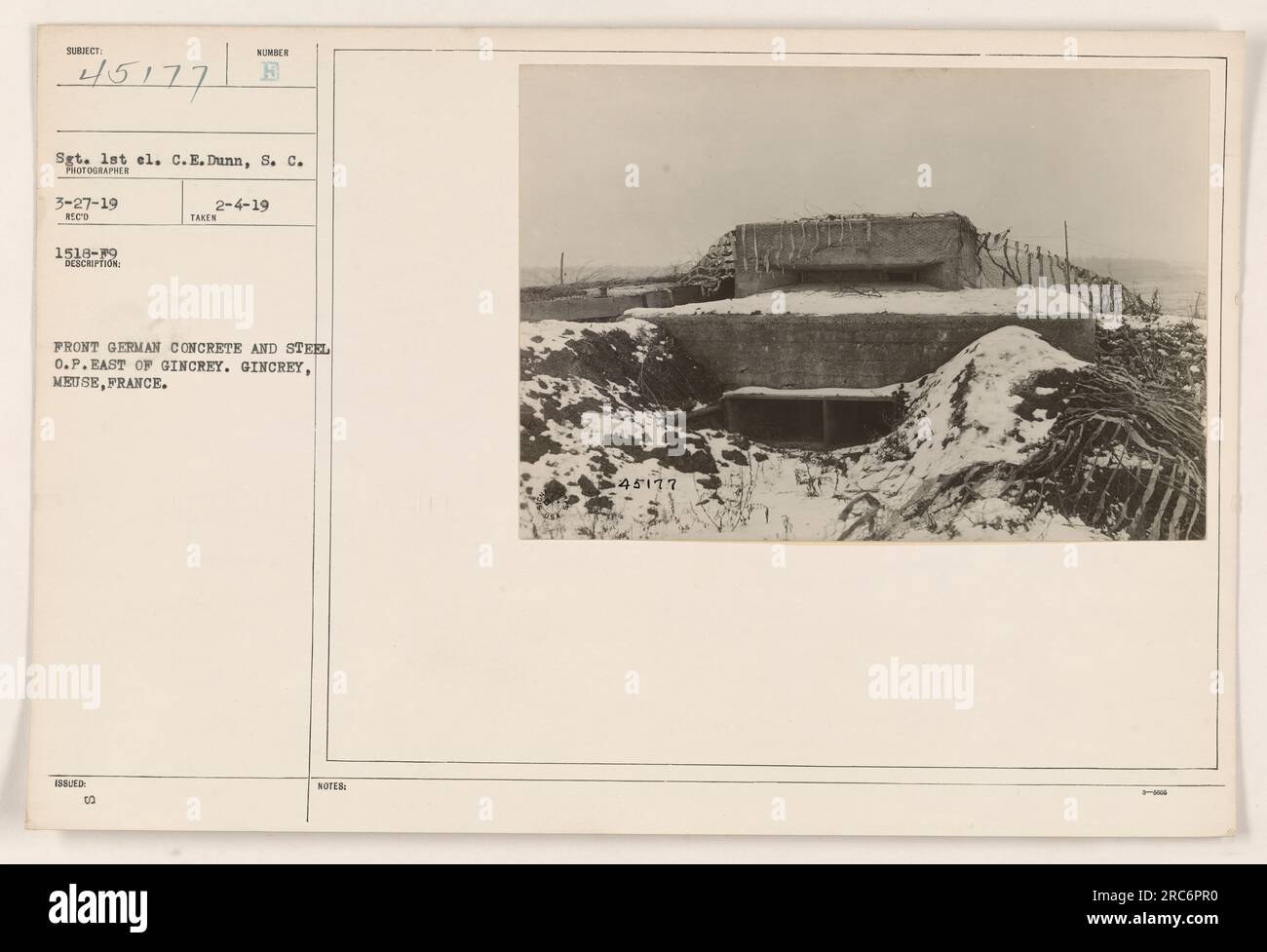 Image of a German concrete and steel observation post located east of Gincrey, Meuse, France. The photograph was taken by Sgt. 1st el. C.E.Dunn, S.C. on 3-27-19. The description includes the serial number H 02 and the date it was issued 2-4-19, with a note referencing 45177. Stock Photo