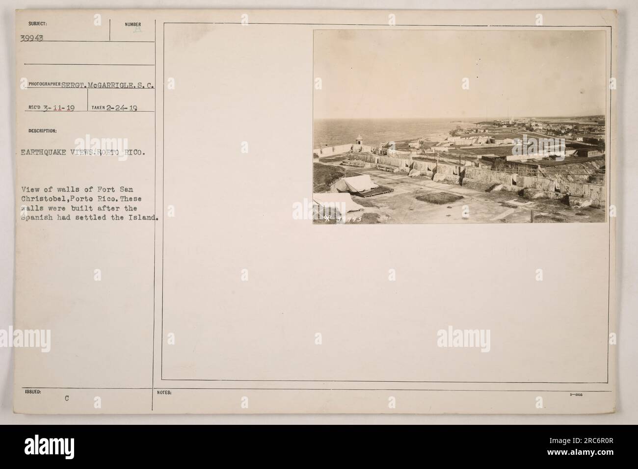 Image of the walls of Fort San Cristobel in Porto Rico. The photograph was taken on February 24, 1919, by Sergeant McGarrigle. The fort was built after the Spanish settled the island and is shown as one of the views capturing the aftermath of the earthquake. Archive number: 111-SC-39943. Stock Photo