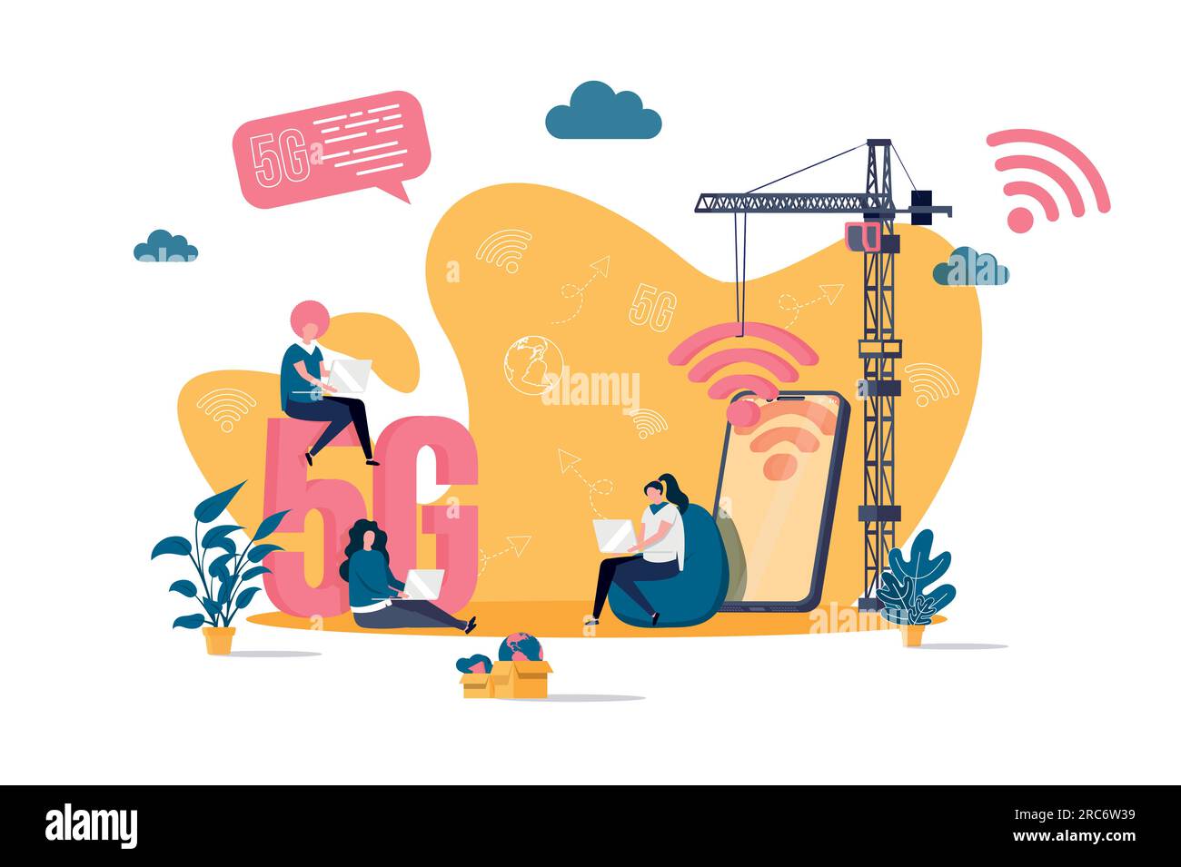 5g concept in flat style. Young people working on laptop scene