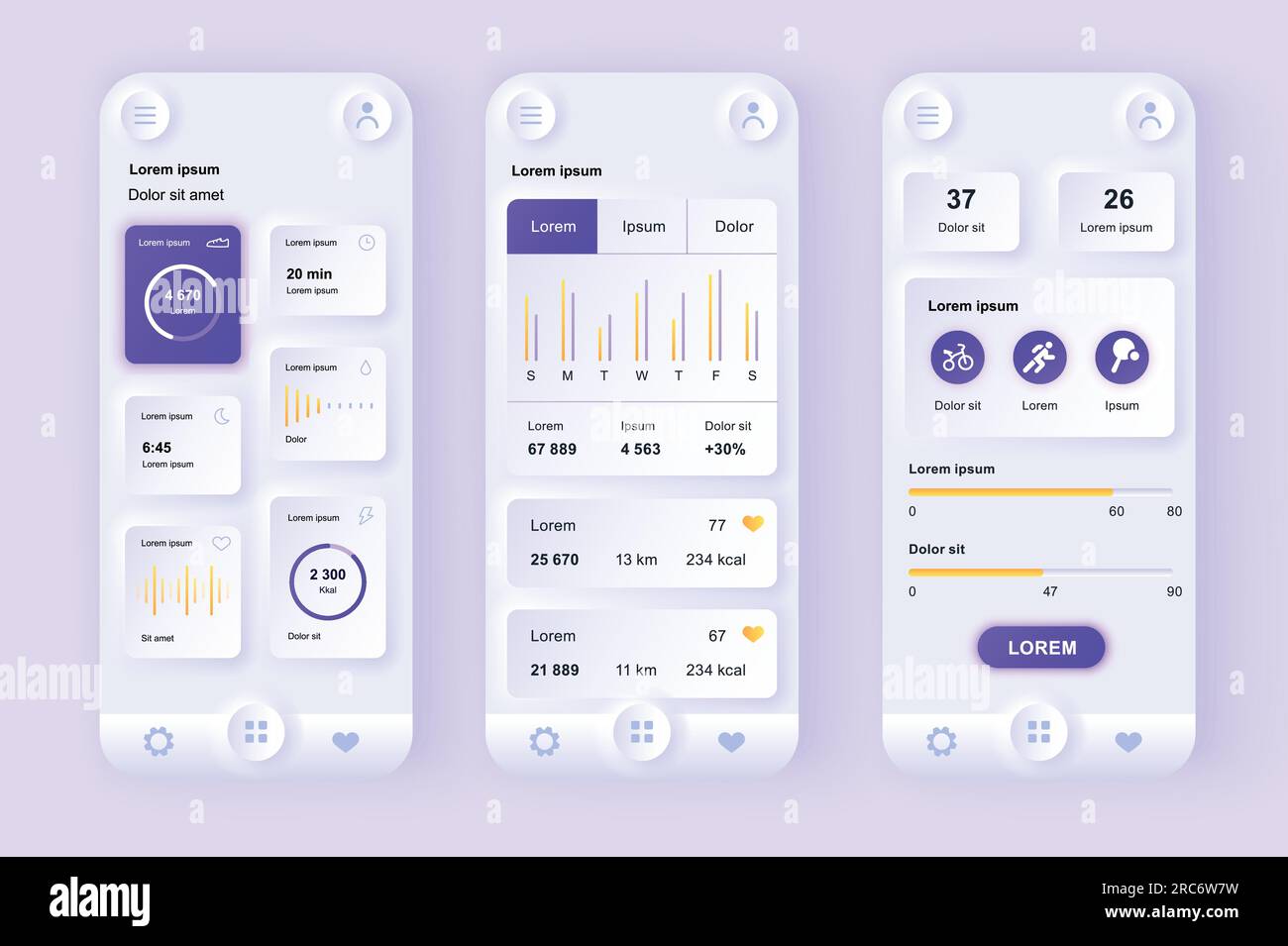 Health and activity tracking unique neomorphic design kit. Personal