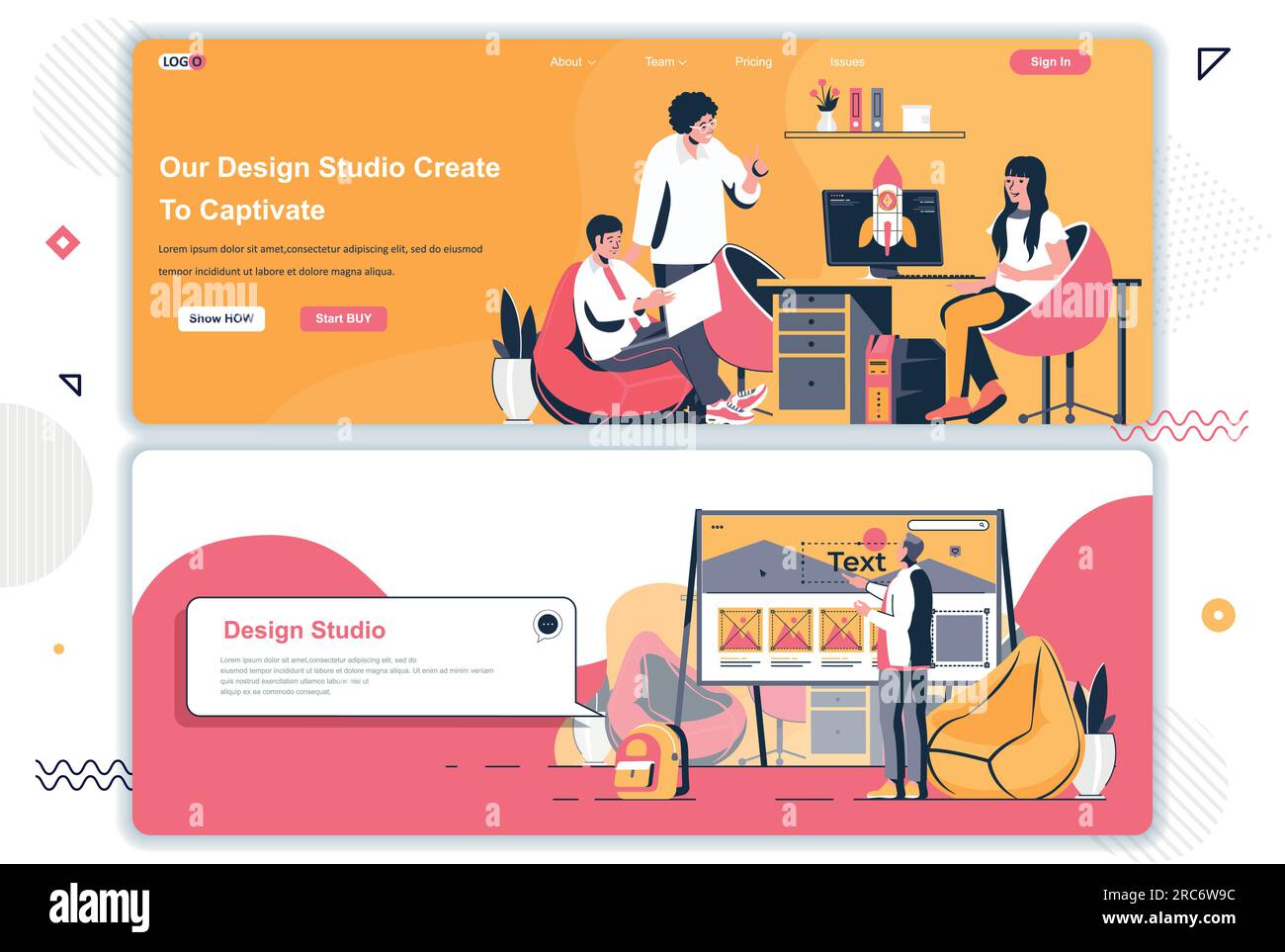 Design studio landing pages set. UI UX design, creative team workflow