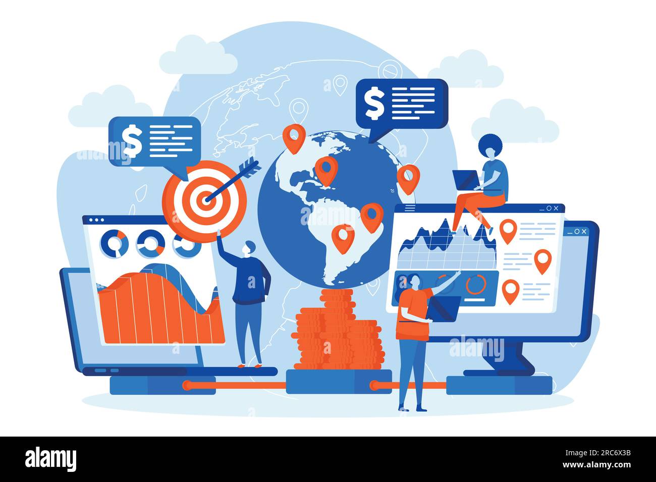 Global business web design with people characters. Strategic planning