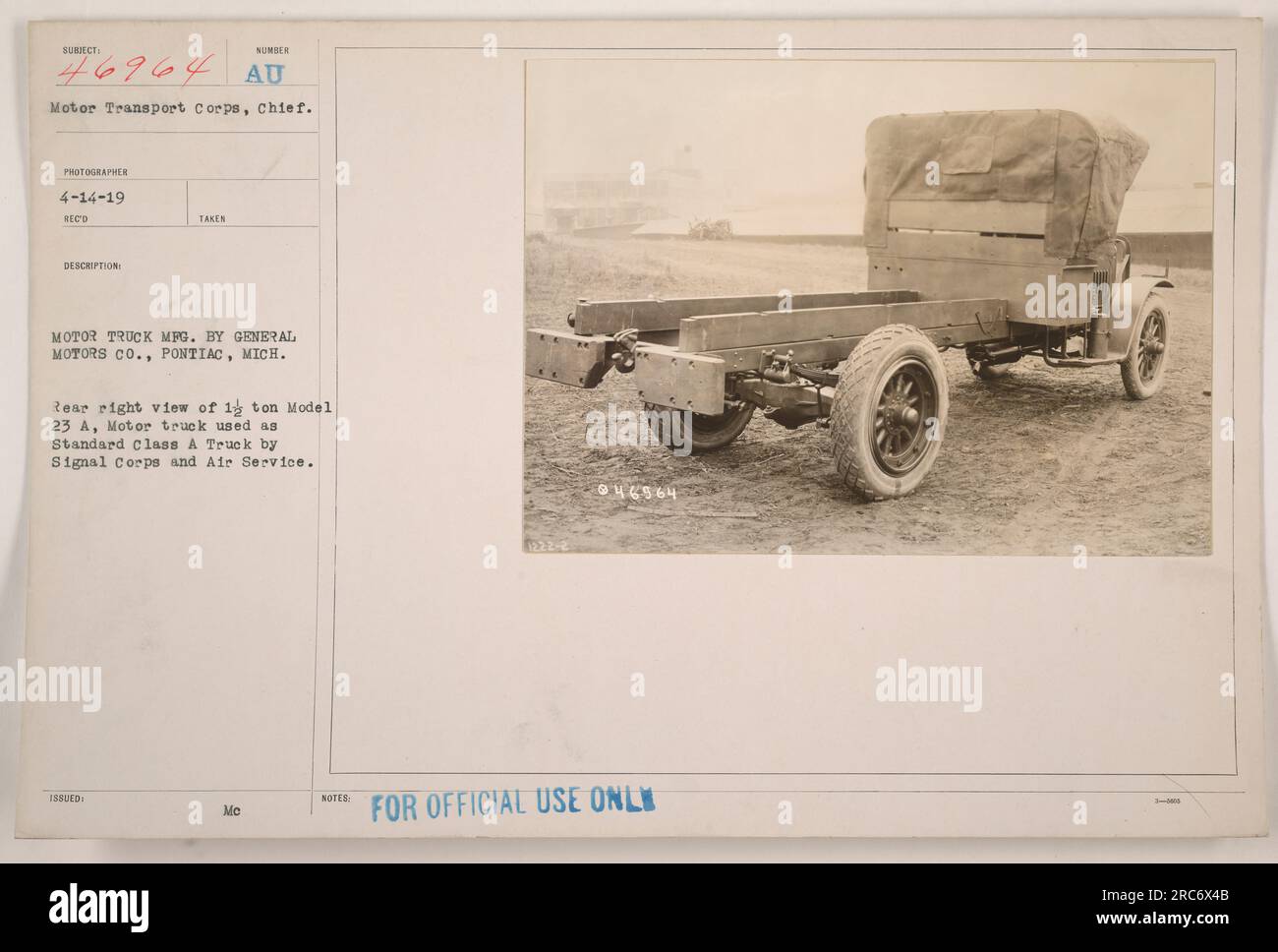 Rear right view of a 1 1/2 ton, Model 23 A truck manufactured by General Motors Co. in Pontiac, Michigan. This truck was used as the Standard Class A truck by the Signal Corps and Air Service during World War I. Photograph taken on April 14, 1919, and the description was received and issued by the Motor Transport Corps. Official use only. Stock Photo