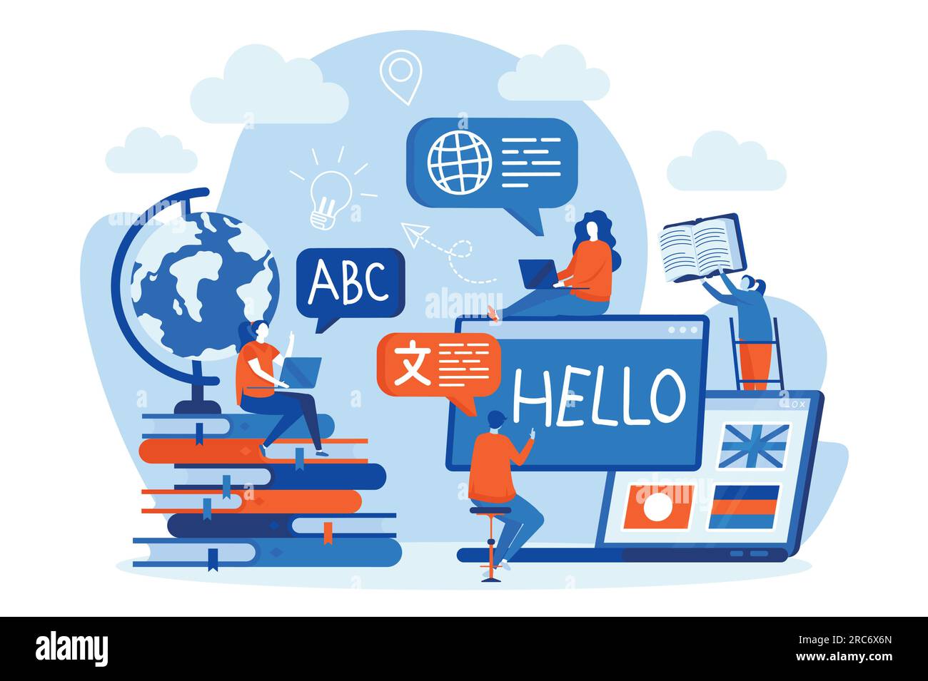 Language courses web design with people characters. Students learning ...