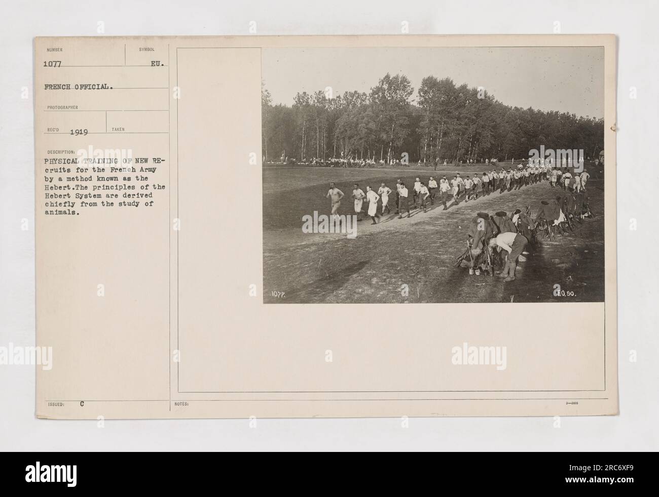Soldiers at a training camp in the Aisne district participate in physical training using the Hebert System, a method for teaching French Army recruits. The Hebert System is based on principles derived from the study of animals. This photograph was taken in 1919 by a French official photographer. Stock Photo
