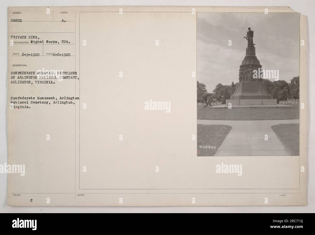 Confederate soldiers marching during memorial exercises at Arlington National Cemetery, Virginia. This image was taken by Private King, a photographer in the Signal Corps of the United States Army. The photograph is labeled with the symbol 'RECO' and a date indicating that it was taken on June 6, 1920. The image depicts the Confederate Monument at Arlington National Cemetery. The notes indicate that it is photo number 68802 in the collection. Stock Photo