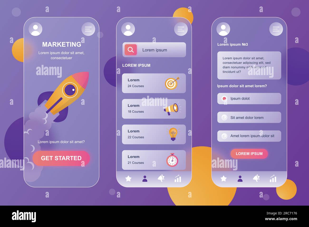 Marketing neumorphic elements kit for mobile app. Professional courses
