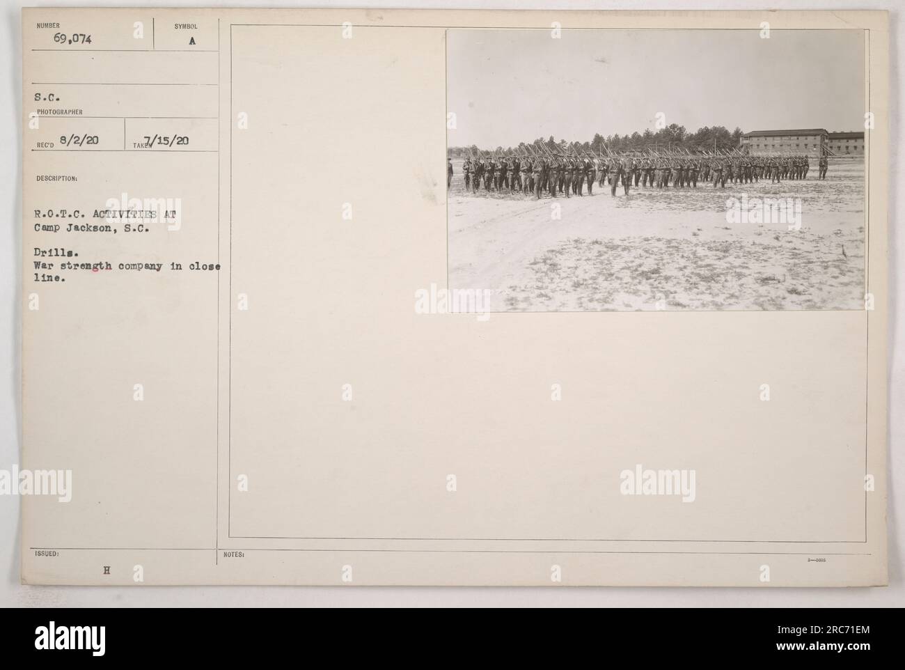R.O.T.C. students engage in drills at Camp Jackson, South Carolina during World War I. The company is seen lined up in close formation. This particular photograph was taken on August 2, 1920, by an 8.C. photographer. The image is part of a series documenting R.O.T.C. activities at the camp. Stock Photo